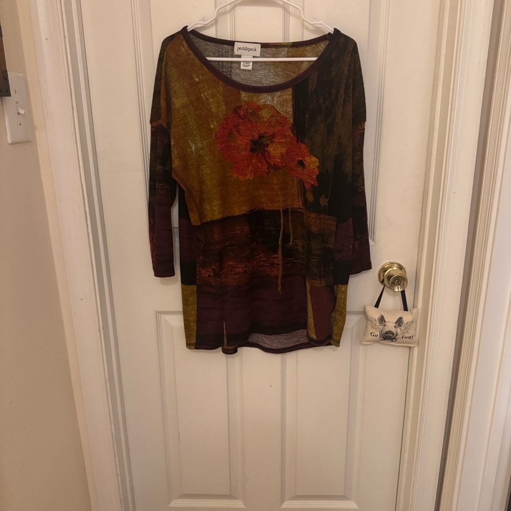 Peck & Peck Artistic Floral Long Sleeve Top - Red, Gold, Black